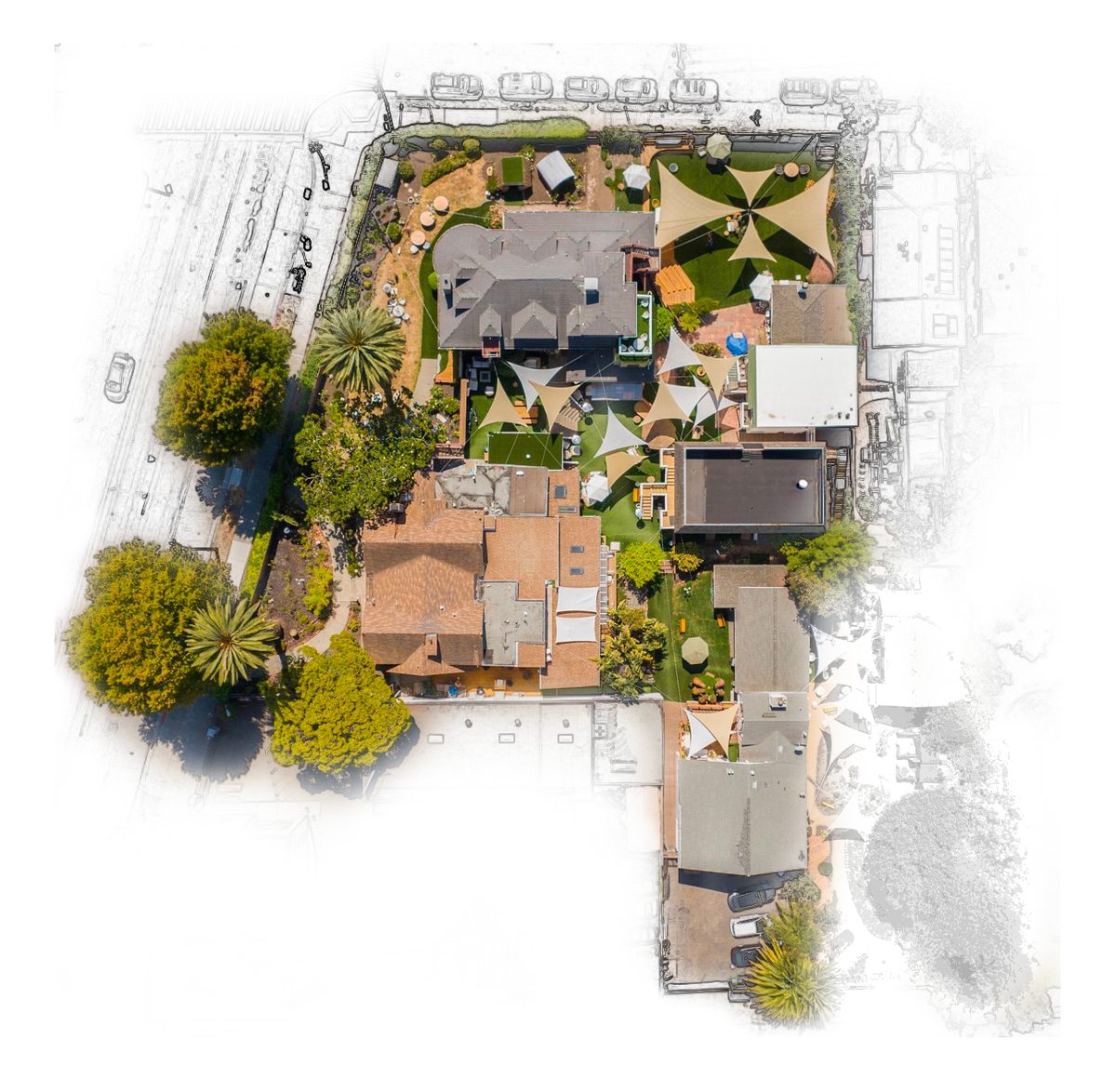 Aerial photograph of the Lighthaven buildings and courtyards