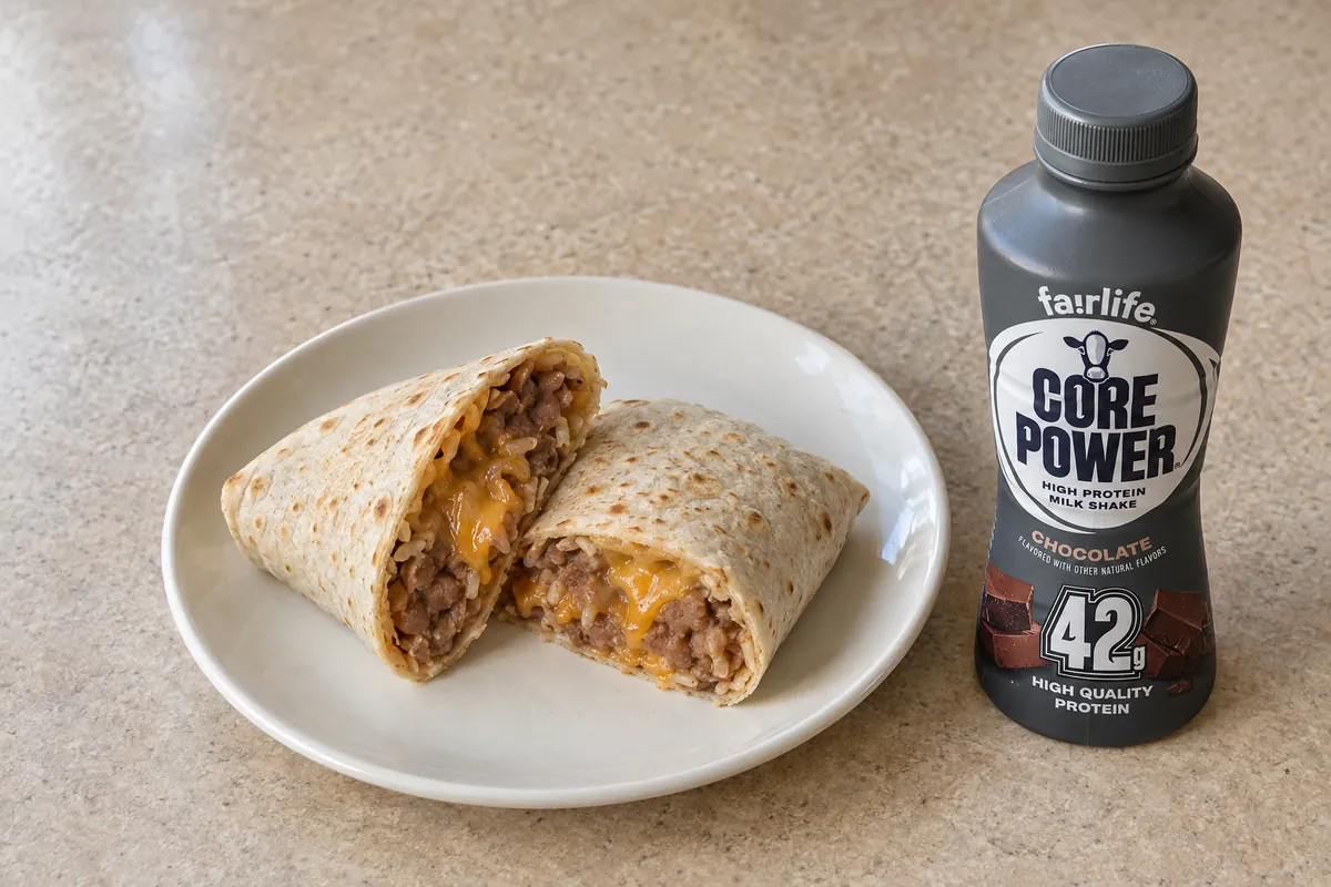 Bean and cheddar burrito cut in half on a plate beside one chocolate Core Power bottle