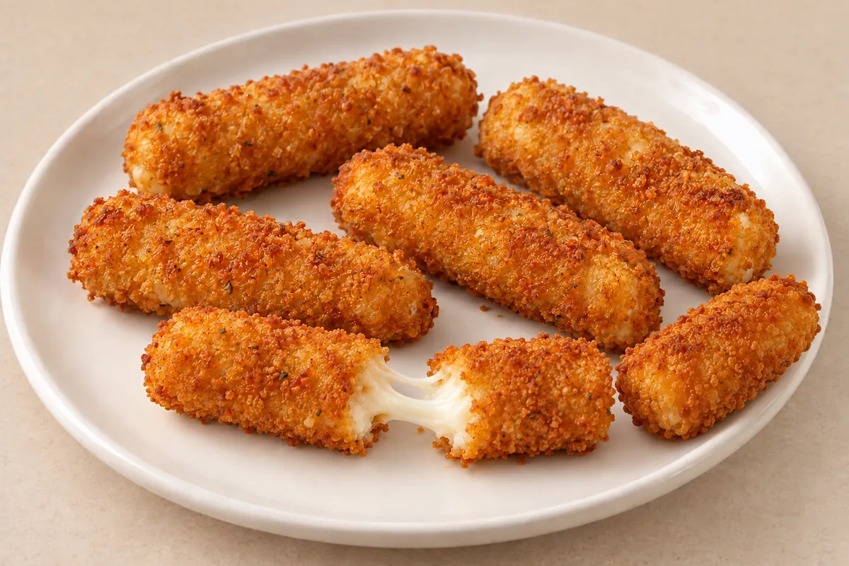 Six golden breaded mozzarella sticks on a plate, one pulled apart to show melted cheese