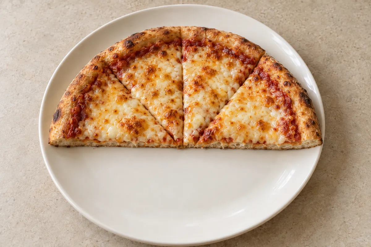 Half of a five cheese pizza cut into four slices on a large plate