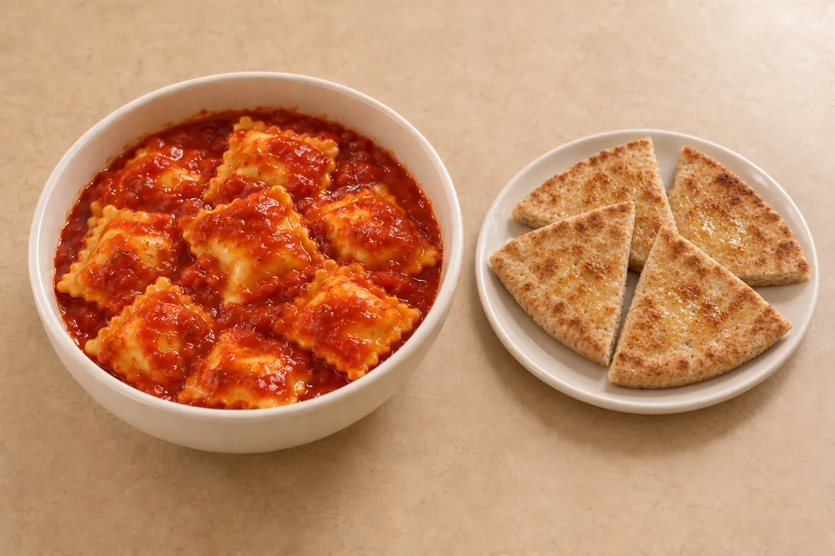 Bowl of cheese ravioli in tomato sauce beside four toasted, buttered pita wedges
