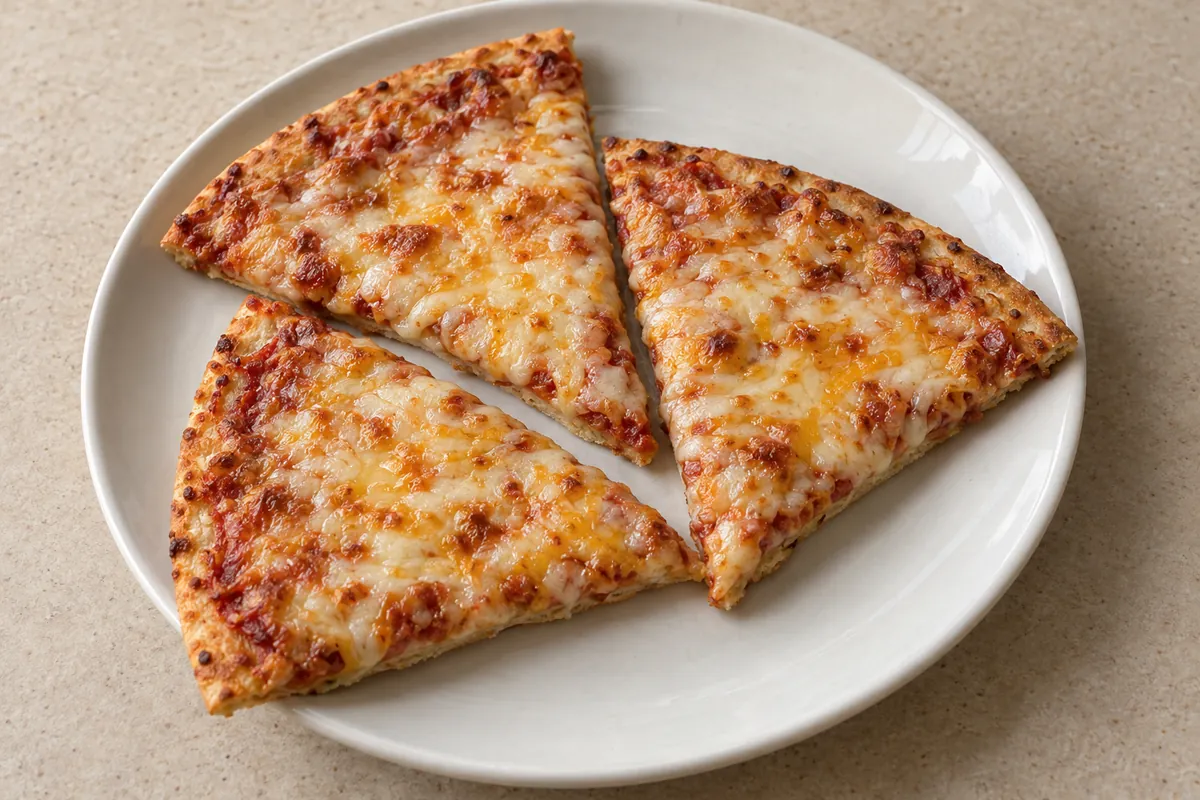 Three slices of baked four cheese pizza on a plate
