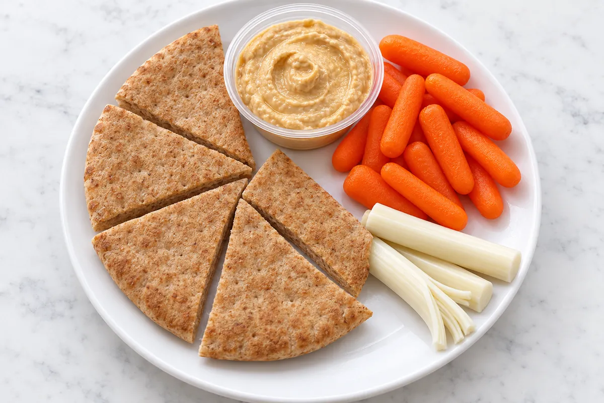 Plate of whole wheat pita wedges, a small cup of hummus, baby carrots and two string cheese sticks