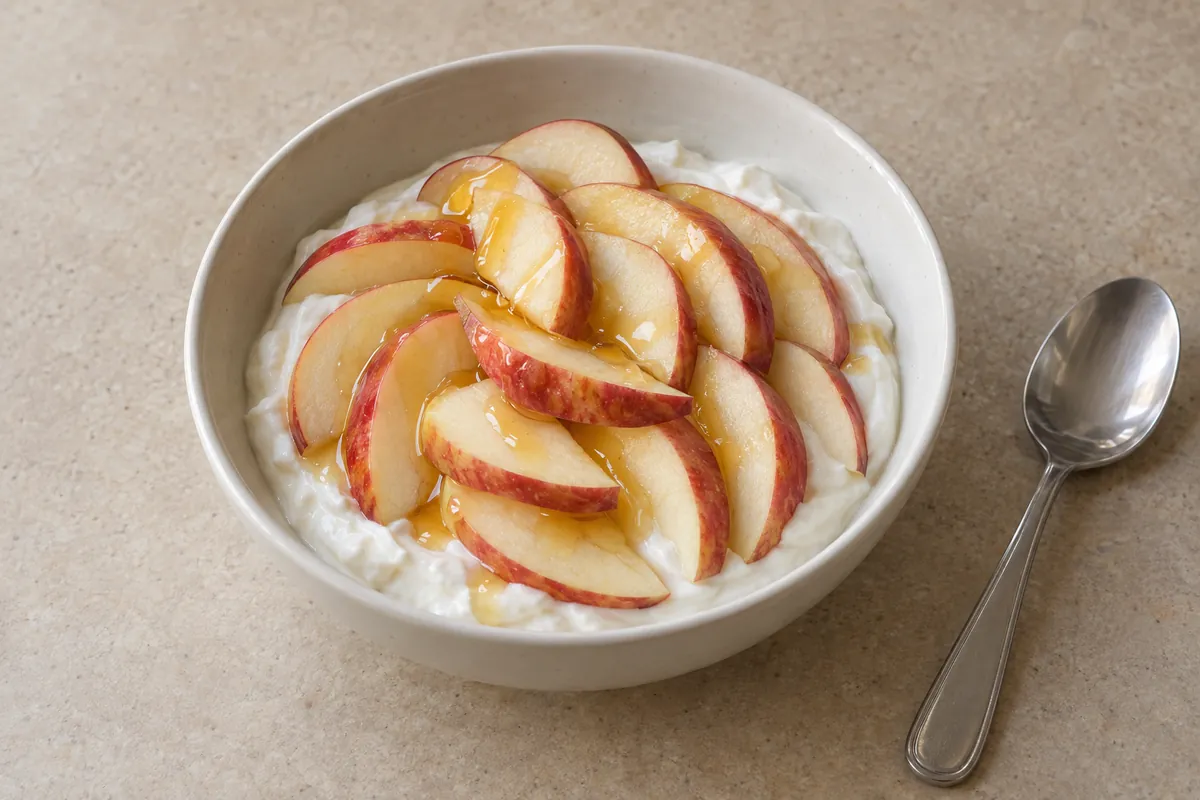 Bowl of plain Greek yogurt topped with thin raw Honeycrisp apple slices and honey