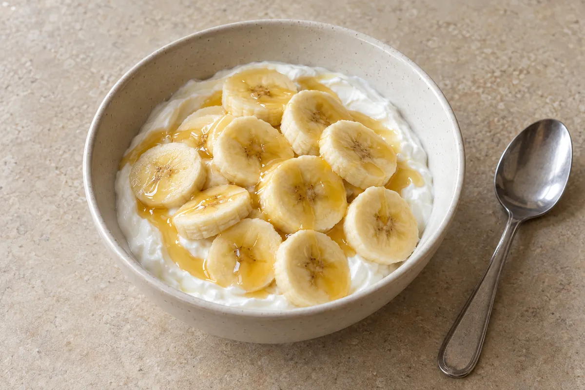 Bowl of plain Greek yogurt topped with banana slices and a drizzle of honey